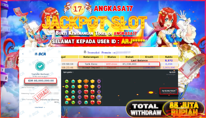 ANGKASA17 id : ARJ*** JACKPOT STARLIGHT PRINCESS 1000 TOTAL WITHDRAW Rp. 85.000.000 ,- LUNAS